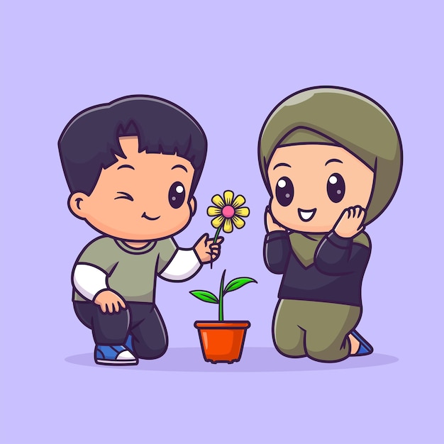Couple mignon garçon et fille hijab avec plante à fleurs icône vectorielle de dessin animéIllustration Personnes Nature plate