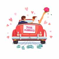 Vecteur gratuit le couple de newlywed conduit la voiture pour sa lune de miel