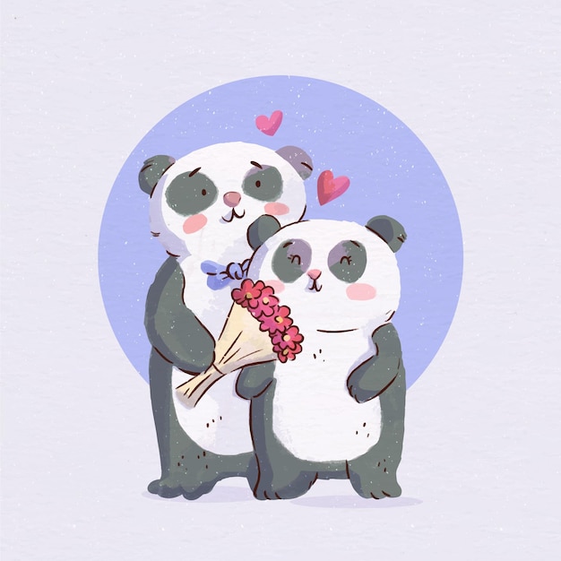 Vecteur gratuit couple d'ours panda plat saint valentin
