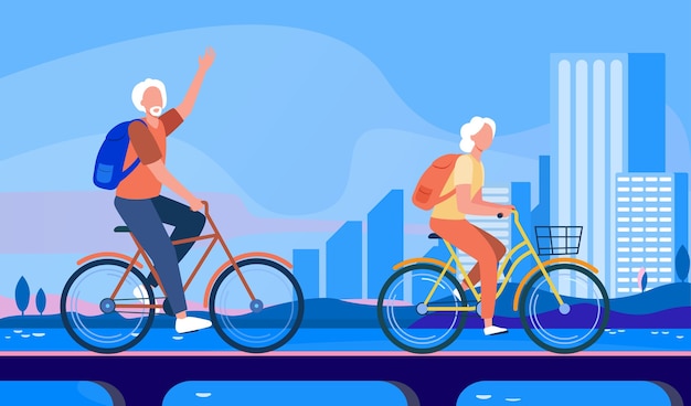 Vecteur gratuit couple de personnes âgées à vélo. vieil homme et femme à vélo sur illustration vectorielle plane ville. mode de vie actif, loisirs, concept d'activité