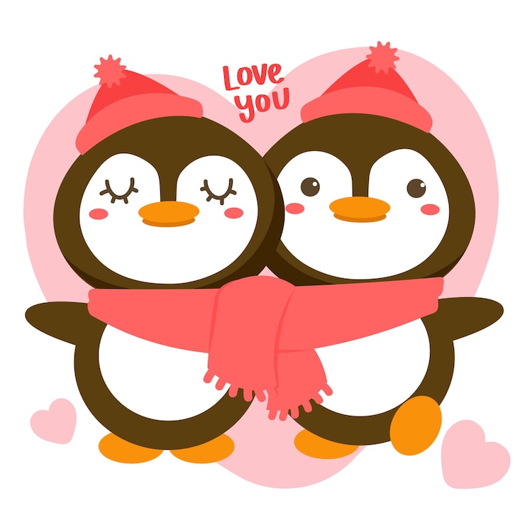 Vecteur gratuit couple de pingouins romantiques célébrant la saint valentin