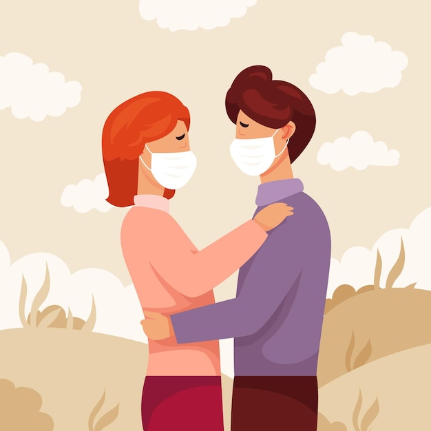 Couple Plat S'embrassant Avec Illustration De Masque Covid