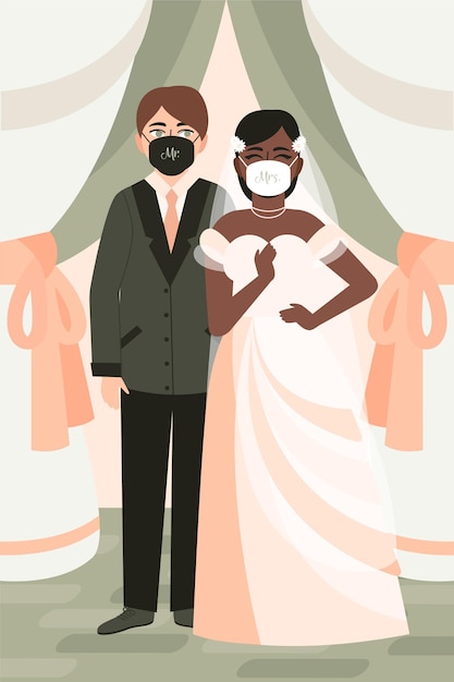 Vecteur gratuit couple portant des masques lors de leur mariage