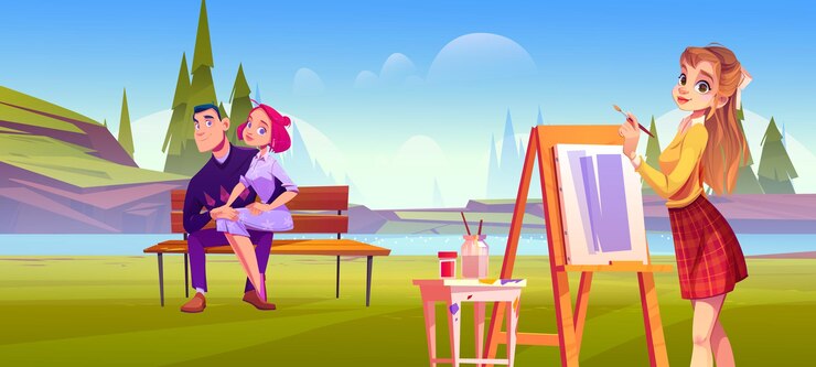 Vecteur gratuit couple posant pour un artiste peignant un portrait de famille