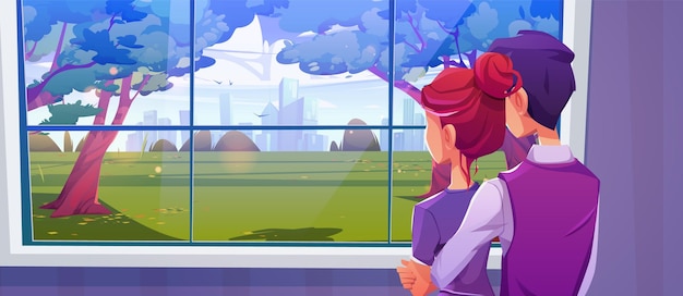 Vecteur gratuit couple regardant sur la vue du parc de la ville depuis la fenêtre de la maison dessin animé fond vectoriel homme et femme regardant ensemble sur le paysage urbain ensoleillé avec l'herbe des arbres et le paysage de l'environnement extérieur du gratte-ciel