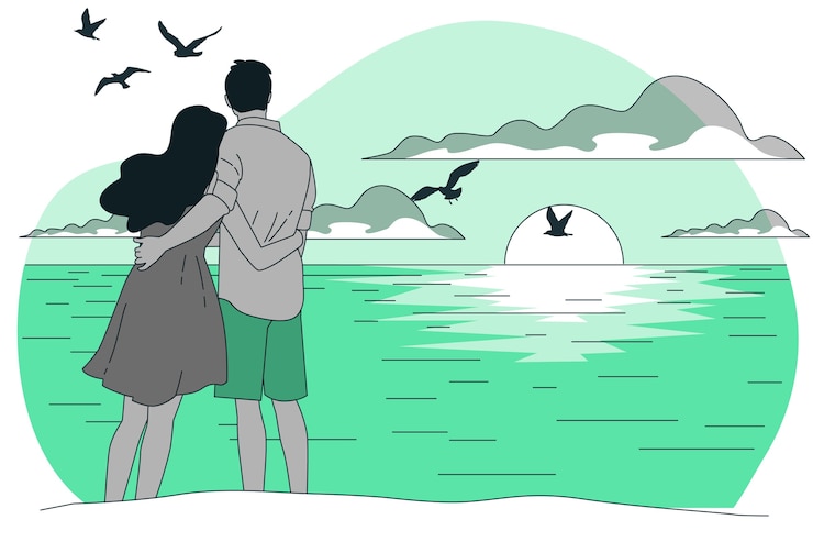 Vecteur gratuit un couple regarde l'illustration du coucher de soleil.