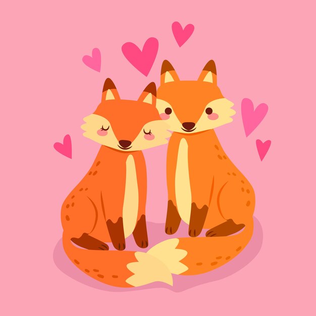 Couple de renards de la Saint-Valentin dessinés à la main