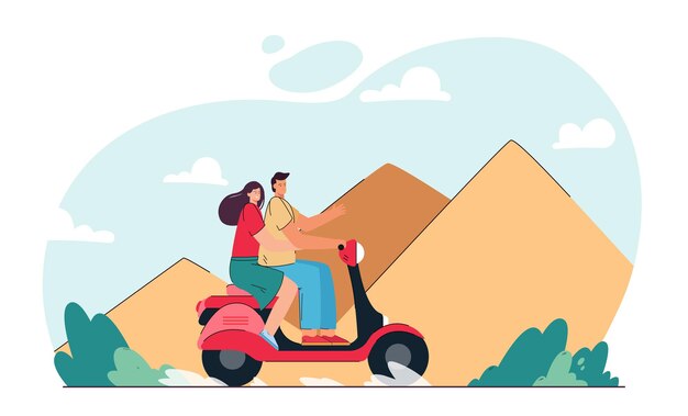 Couple Riding Cyclomoteur Sur Fond De Pyramides égyptiennes. Homme Et Femme Ayant Des Vacances Et Voyageant à L'étranger Illustration Vectorielle Plane. Concept De Vacances Pour La Bannière, La Conception De Sites Web Ou La Page Web De Destination