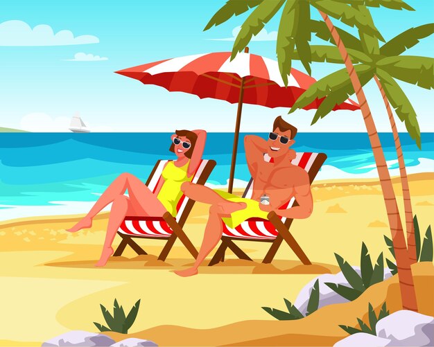 Couple se détendre en vacances illustration petit ami et petite amie sous un parasol sur des chaises longues Femme et homme à l'île paradisiaque