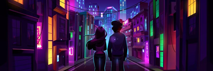 Couple de silhouettes debout dans la rue de la ville de nuit