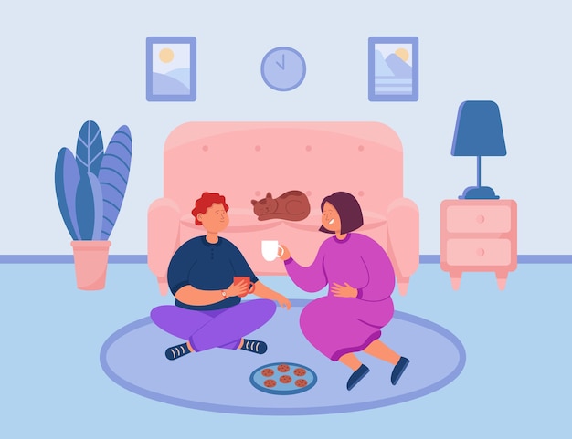 Couple En Train De Manger Des Biscuits à L'intérieur De La Chambre Hygge De L'appartement D'accueil. Conversation Romantique Entre Homme Et Femme Assis Sur Le Sol Avec Des Tasses à Café Ou à Thé Illustration Vectorielle à Plat. Bon Moment Ensemble, Concept D'amour