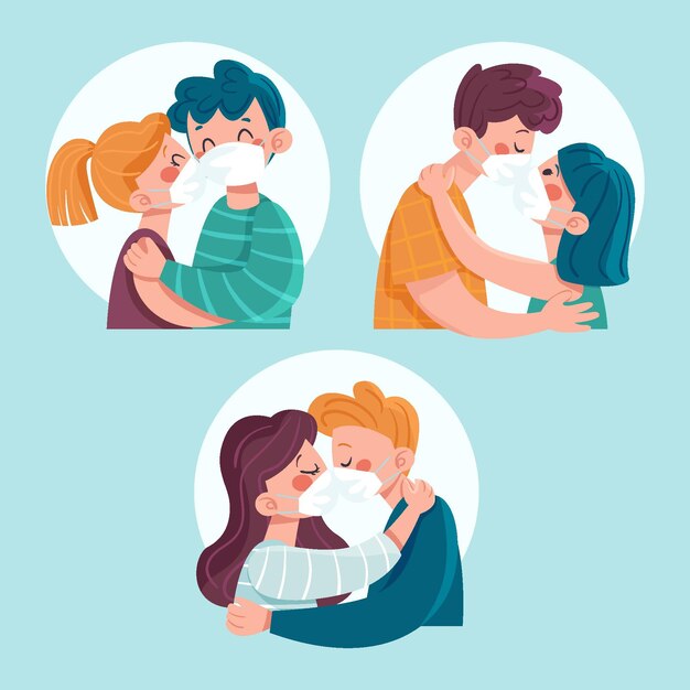 Couples dessinés à la main s'embrassant avec illustration de masque covid