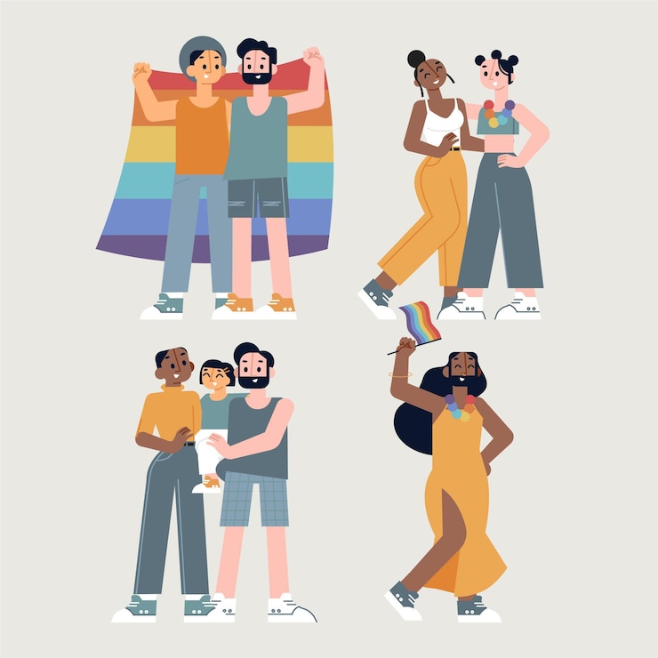 Vecteur gratuit des couples et des familles célèbrent le jour de la fierté avec un drapeau arc-en-ciel