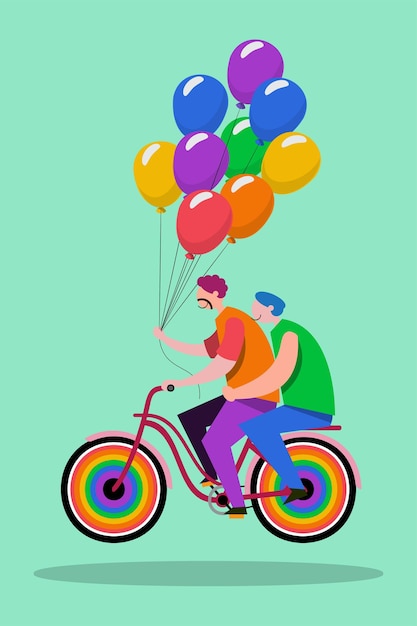 Les Couples Lgbtq Font Du Vélo Joyeusement Et Apportent Des Ballons Aux Rassemblements Lgbtq Conception D'illustration Vectorielle Plate