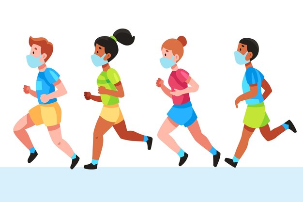 Coureurs avec des masques médicaux illustrés