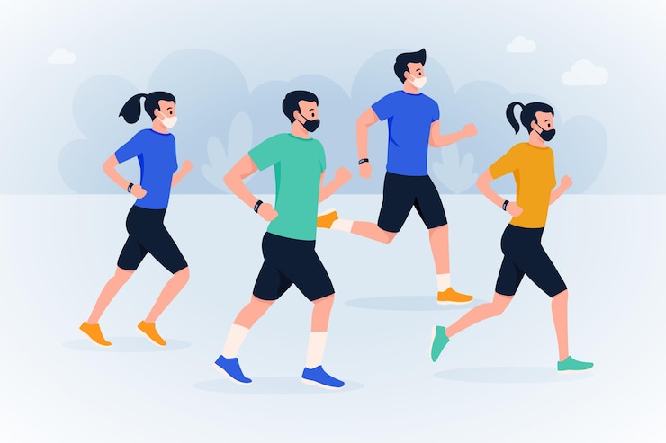 Vecteur gratuit coureurs avec masques médicaux