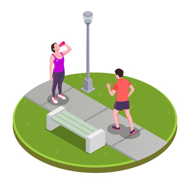 Vecteur gratuit courir et faire du jogging dans le concept de parc avec des symboles de mode de vie actif isométrique