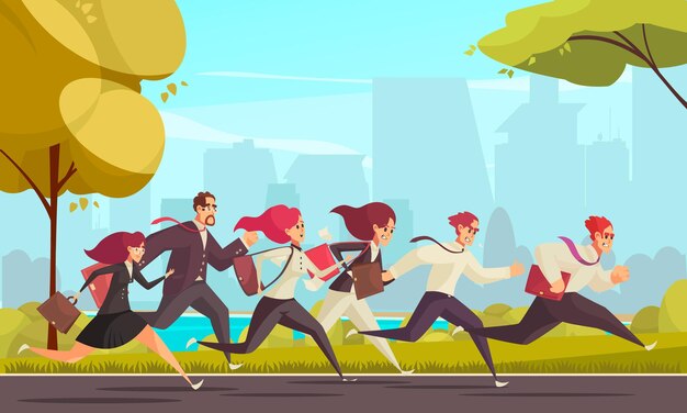 Courir les gens qui sont en retard au travail au dessin animé des horizons urbains