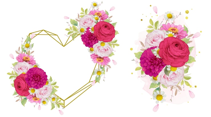 Vecteur gratuit couronne d'amour et bouquet de fleurs rose foncé