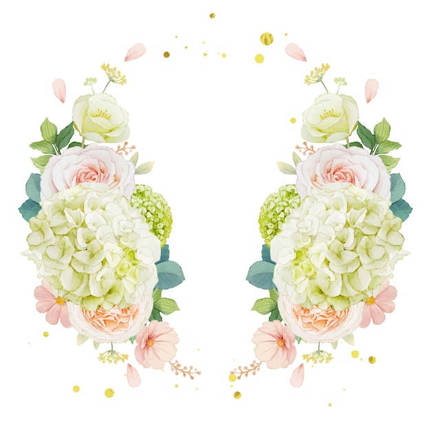 Couronne D'aquarelle De Roses Pêche Et Fleur D'hortensia