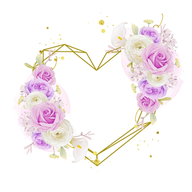 Vecteur gratuit couronne de fleurs d'amour avec lys rose violet aquarelle et fleur de renoncule