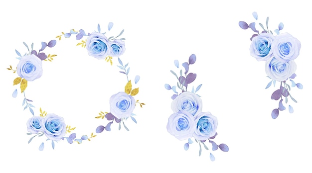 Couronne de fleurs de roses bleues aquarelles