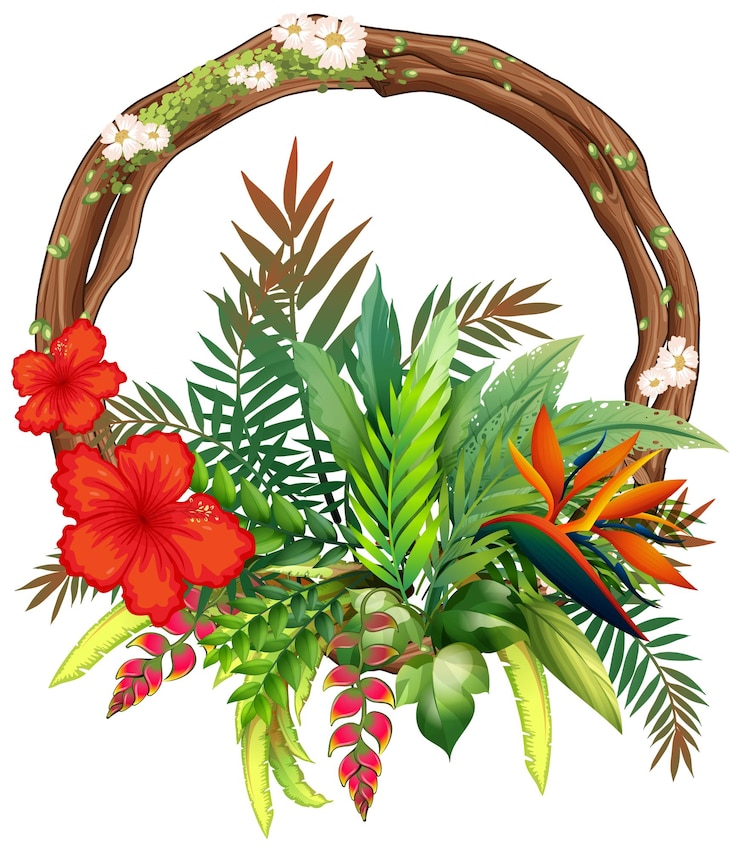 Vecteur gratuit une couronne de fleurs tropicales avec des plantes exotiques