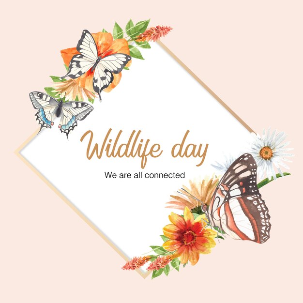 Couronne d'insectes et d'oiseaux avec illustration aquarelle de papillons et fleurs.