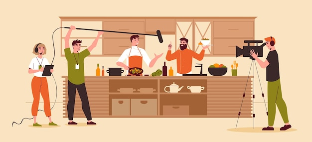 Vecteur gratuit cours culinaires fond plat avec deux personnages de chef cuisinant ensemble devant une caméra vidéo filmée illustration vectorielle d'émission de télévision