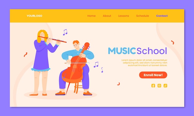 Vecteur gratuit cours d'école de musique plate et modèle de page de destination de l'éducation