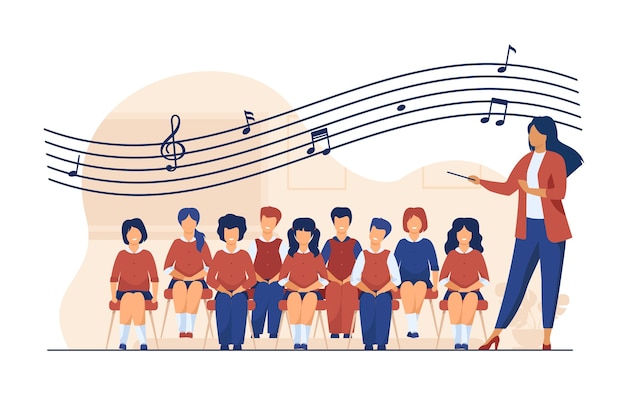 Vecteur gratuit cours de musique à l'école. chef d'orchestre avec baton debout chorale de chant illustration vectorielle plane enfants. chorale, activité, loisir