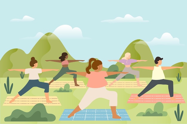 Vecteur gratuit cours de yoga en plein air avec tapis