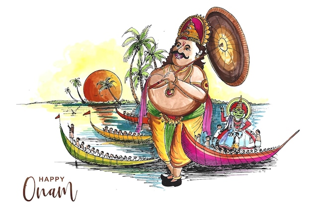 Vecteur gratuit course de bateaux-serpents en arrière-plan de célébration d'onam pour le fond de visage de kathakali