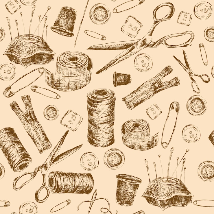 Vecteur gratuit couture croquis modèle sans couture avec thread bobine aiguille coussin ciseaux illustration vectorielle.