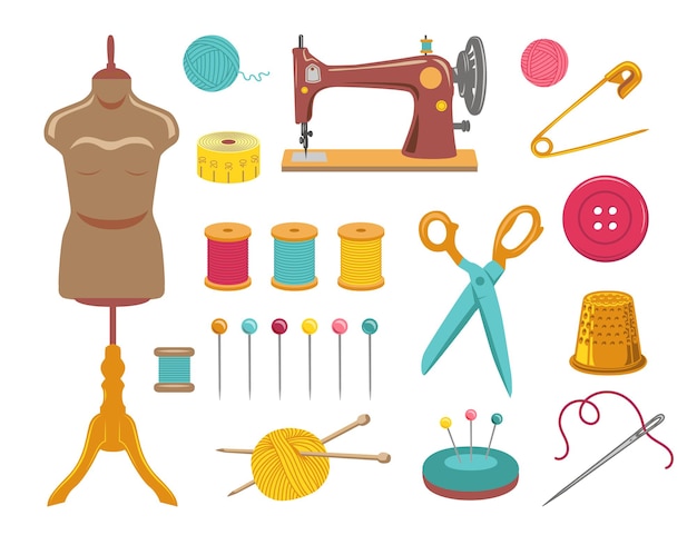 Couture et tricot, ensemble de travaux d'aiguille. illustrations d'équipements et de fournitures sur mesure
