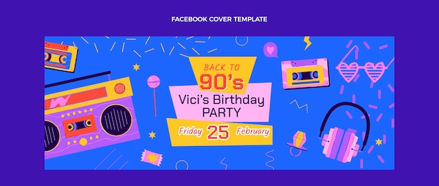 Vecteur gratuit couverture facebook anniversaire nostalgique des années 90 dessinée à la main