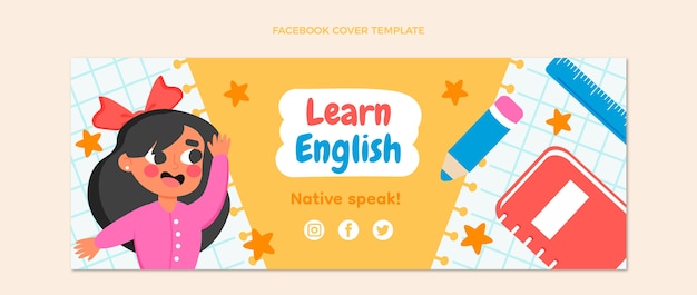Vecteur gratuit couverture facebook des cours d'anglais dessinés à la main