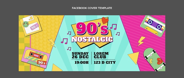 Vecteur gratuit couverture facebook du festival de musique des années 90 au design plat