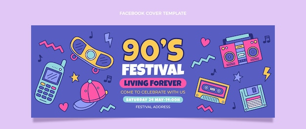 Vecteur gratuit couverture facebook du festival de musique des années 90 dessinée à la main