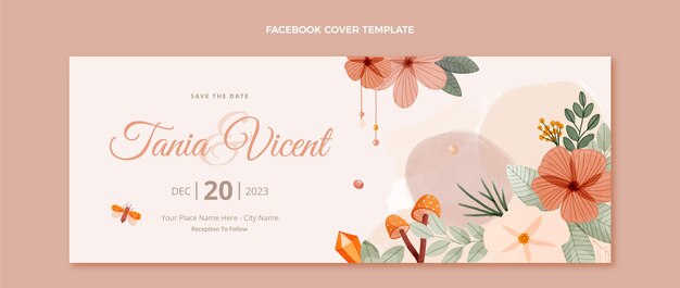 Couverture facebook de mariage boho aquarelle
