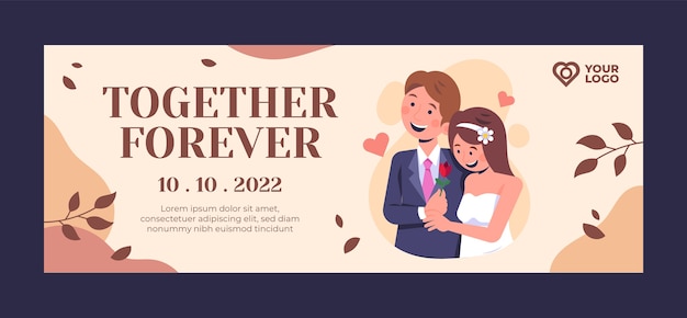 Couverture facebook de mariage plat dessiné à la main