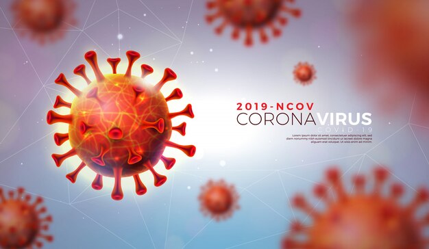 Covid-19. Conception d'épidémie de coronavirus avec cellule de virus en vue microscopique sur fond clair brillant. Modèle d'illustration 2019-ncov sur le thème de l'épidémie de SRAS dangereux pour la bannière promotionnelle.