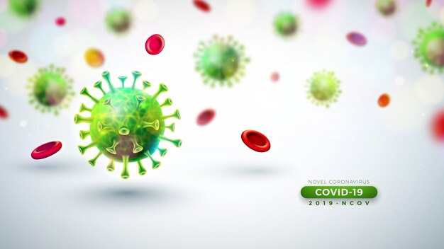 Covid-19. Conception d'épidémie de coronavirus avec chute du virus et des cellules sanguines en vue microscopique sur fond clair. 2019-ncov Corona Virus Illustration on Dangerous SRAS Epidemic Theme for Banner.