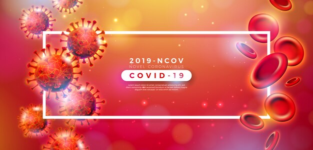 Covid-19. Conception d'épidémie de coronavirus avec virus et cellules sanguines en vue microscopique sur fond rouge brillant. 2019-ncov Corona Virus Illustration on Dangerous SRAS Epidemic Theme for Banner.