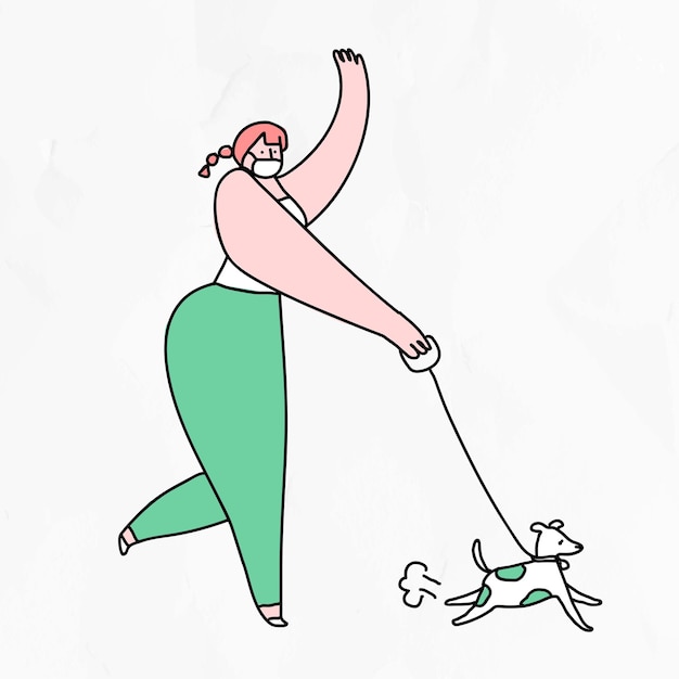 Vecteur gratuit covid-19 nouveau personnage de doodle de chien marche femme vecteur normal