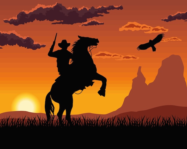 cowboy avec scène de silhouette d'aigle