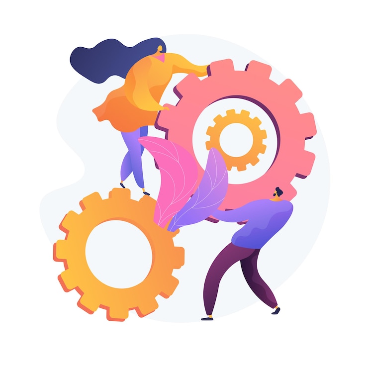 Vecteur gratuit coworking efficace. amitié entre collègues, collaboration des travailleurs, réglementation du travail d'équipe. augmentation de l'efficacité du flux de travail. mécanisme d'organisation des membres de l'équipe.
