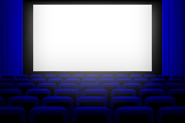 Écran dans une salle de cinéma avec des rideaux bleus et fond de sièges Illustration vectorielle de salle de cinéma vide Présentation de film ou événement de performance Regarder une scène de divertissement