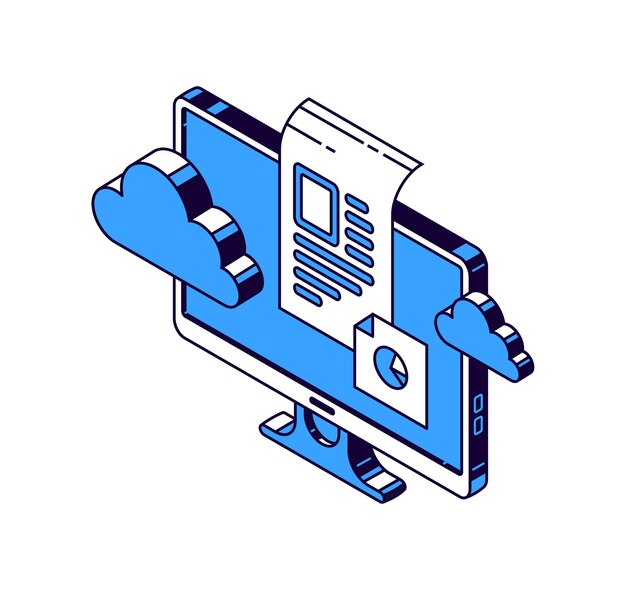 Écran d'ordinateur, cloud virtuel et documents avec informations, icônes vectorielles isométriques