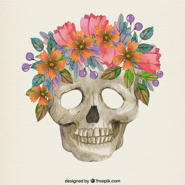 crâne d&#39;aquarelle avec des éléments floraux